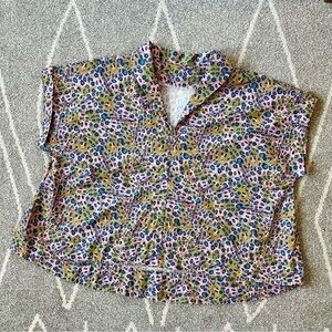 Handmade Cotton Oversize Boxy Pink Green Blue Short Sleeve Leopard Print Blouse
